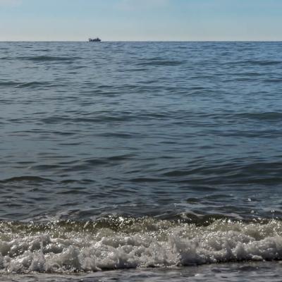 Spain Mediterranean Ship On Top Of Horizon Waves Splashing Sunny900