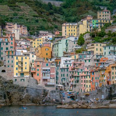 Riomaggiore, the fifth village in Cinque Terre, Italy, seen from the sea It Cinqueterra Fifth Village View