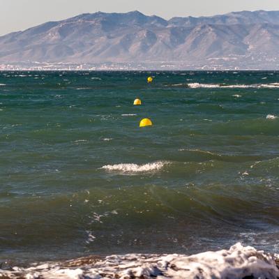 Spain Mediterranean Yellow Buoys Waves Background Malaga Mountains900