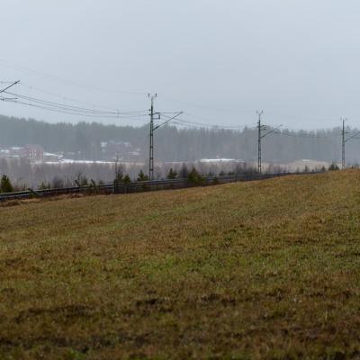 Railroad through a foggy landscape in the early spring in Tvärålund, Sweden Se Vsterbotten Foggy Landscape Railroad Early Spring